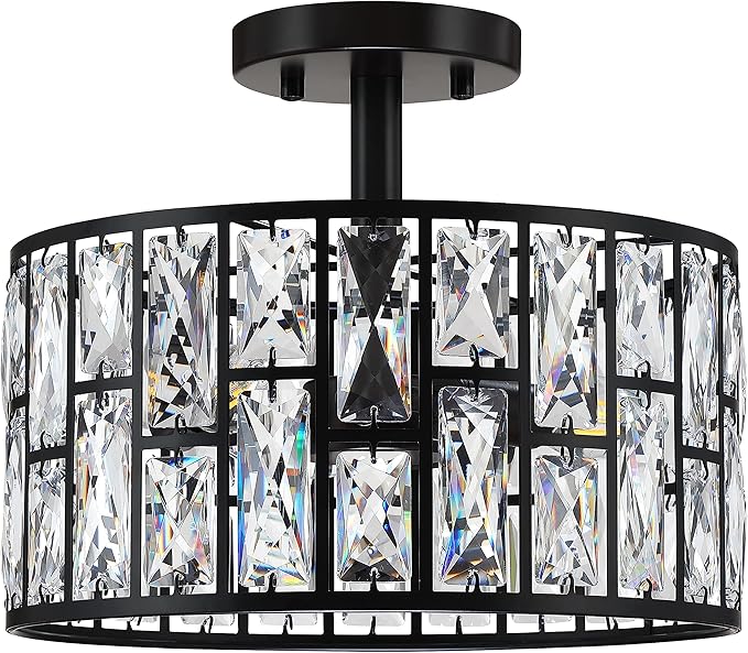 3 Light 12" Crystal Hanging Kitchen Island Ceiling Light Black Finish,Concise Pendant Fixture Crystal Metal Pendant Chandelier Lamp Shade for Bar,Dining Room,Living Room Over Sink