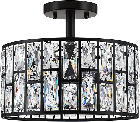 3 Light 12" Crystal Hanging Kitchen Island Ceiling Light Black Finish,Concise Pendant Fixture Crystal Metal Pendant Chandelier Lamp Shade for Bar,Dining Room,Living Room Over Sink