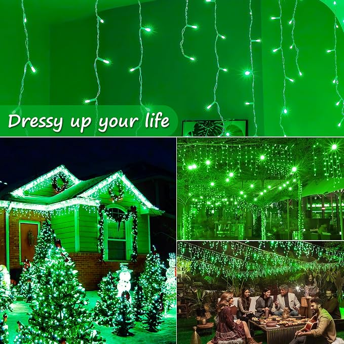 33FT 300 LED Icicle Christmas Lights,Waterproof 8 Modes Plug in Curtain Lights with 50 Drops,Green Christmas String Lights for Indoor&Outdoor,Wedding,Party,Bedroom,Home,Wall Decorations