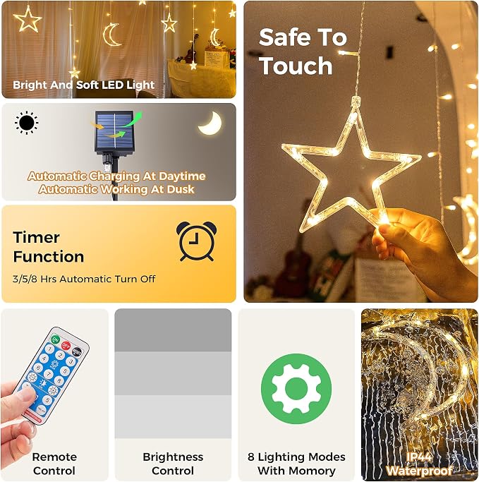 Ramadan Solar Icicle Lights,10.8ft 138 LED Outdoor Waterproof Moons Stars Curtain Window String with 8 Modes Timer Remote,USB Rechargeable Connectable Warm White Hanging Decor for Patio