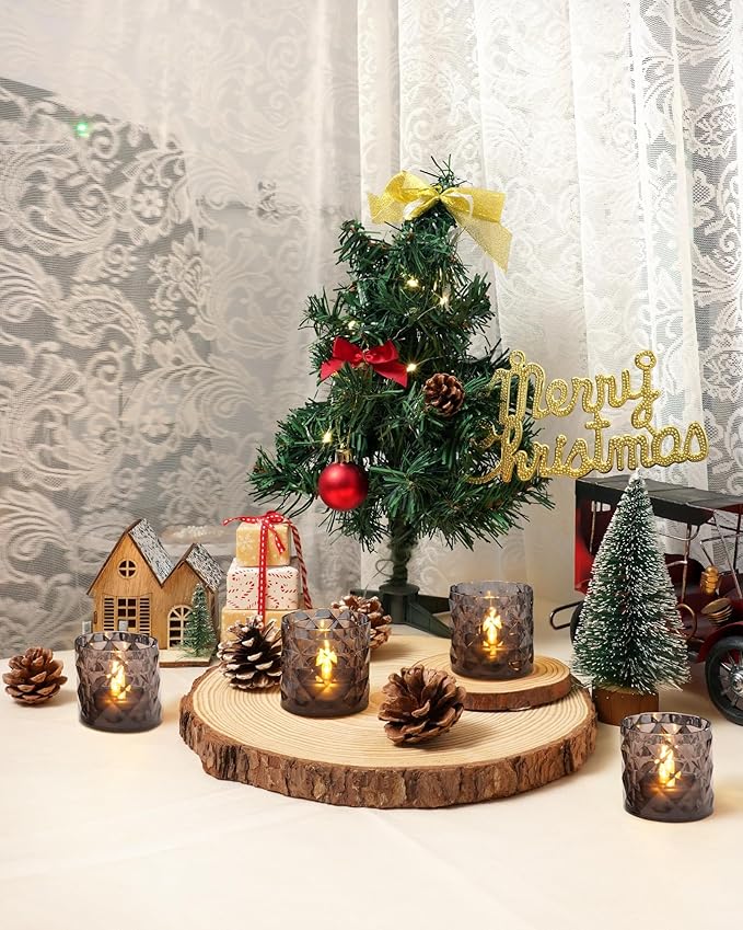 Homemory 2" x 2" Acrylic Votive Candle Holders with Auto Timer Flameless Led Tealight, Battery Powered Fake Electric Candles for Wedding Centerpiece, Table, Christmas Decor (12Pack, Gray Base)