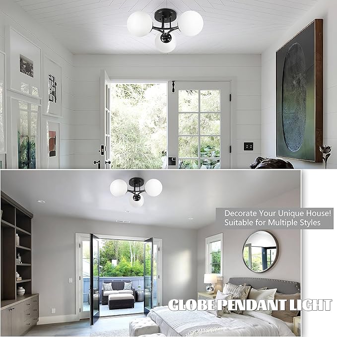 3-Light Sputnik Chandeliers Chandeliers Modern Semi Flush Mount Globe Ceiling Light Mid Century Ceiling Light Frosted Glass Matte Black Chandeliers for Hallway Laundry Bedroom Entryway Living