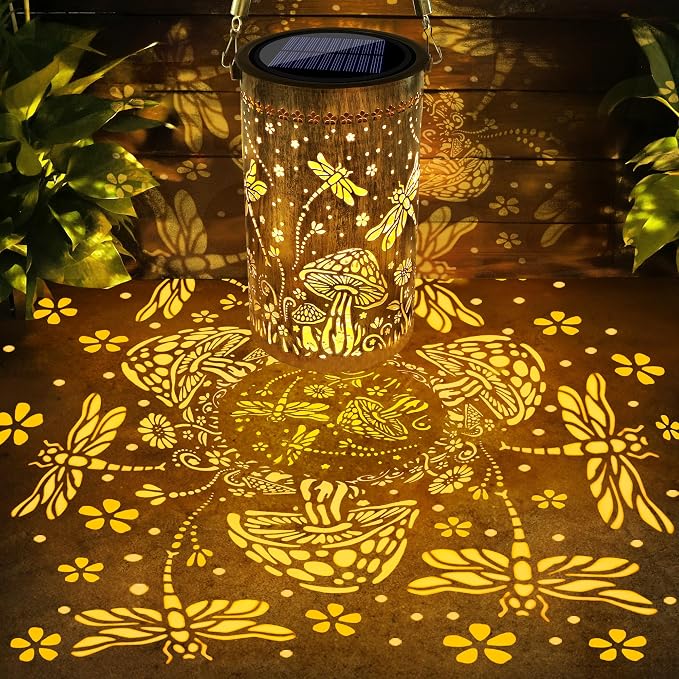 Toodour Solar Lantern Outdoor, Garden Gifts for Mom Grandma Women Hanging Solar Outdoor Lights Waterproof, Hollow Out Retro Metal Dragonfly Lights for Patio, Balcony, Walkway, Yard Decorations