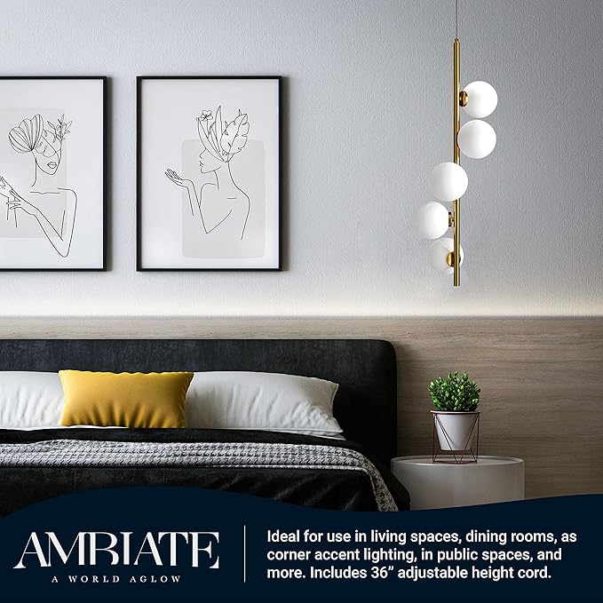 Arano Linear Globe Pendant Light Fixture, Frosted Glass Globe Shades, Brushed Goldtone Finish, Uses Five G9 Bulbs (Not Included), Living Spaces, Dining Rooms, Accent Lighting, ETL Listed