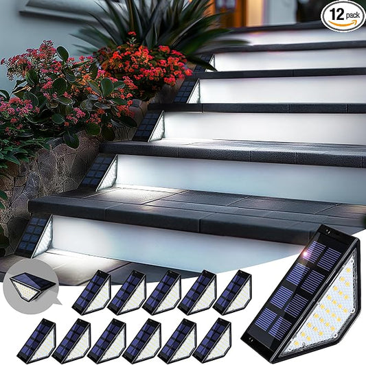 PATIOWIN 12 Pack Solar Step Lights for Outside, 24 LEDs Solar Stair Lights Waterproof IP65, Solar Deck Lights Outdoor Decor for Garden, Porch, Pathway, Patio, Fence(Cold White)