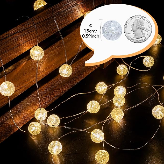 Globe String Lights,10FT 30 LED Decorative Christmas Lights,8 Modes Crystal Crackle Ball Lights,USB Twinkle Fairy Lights for Bedroom,Indoor,Outdoor,Classroom,Wedding,Party,Garden,Warm White