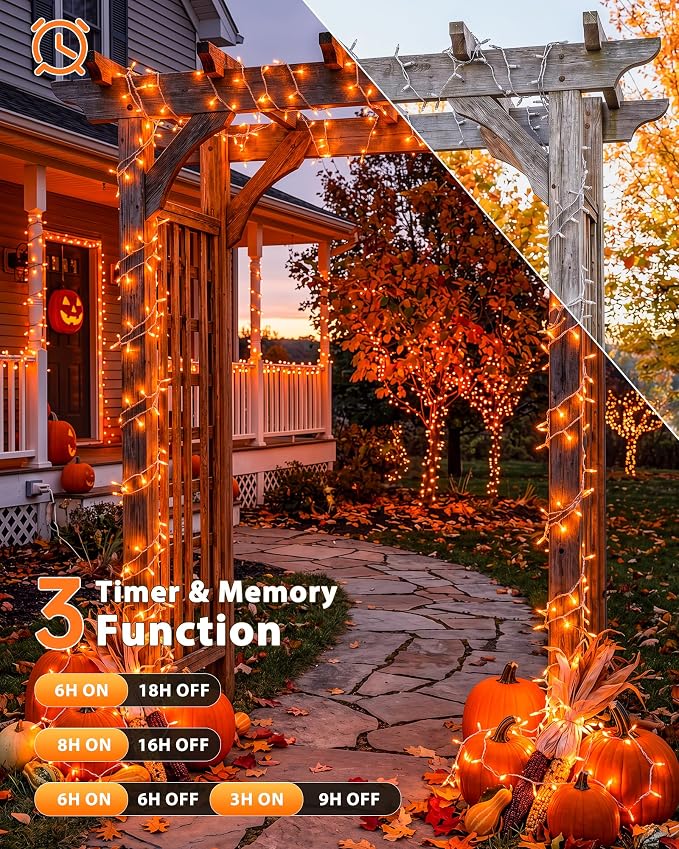 Halloween String Lights Indoor Outdoor,33FT 100 LED Orange Thanksgiving Twinkle Lights,13 Modes Fairy Lights Plug in,Connectable IP65 Waterproof for Xmas Tent Patio Tree Party Decor(Orange)