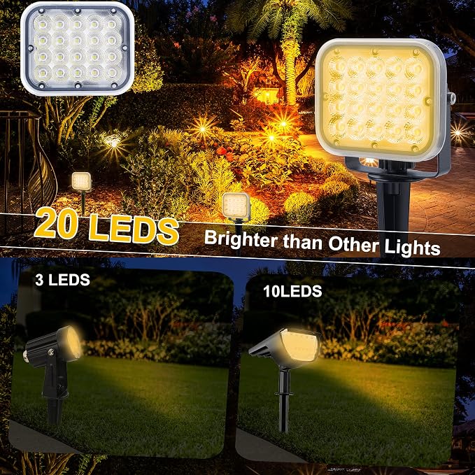 Solar Spot Lights Outdoor, 20 LED IP65 Waterproof Solar Landscape Spotlights, Dusk-to-Dawn 3000K Warm White Outdoor Spot Light Lighting for Yard Garden Driveway Porch Walkway, 4-in-1