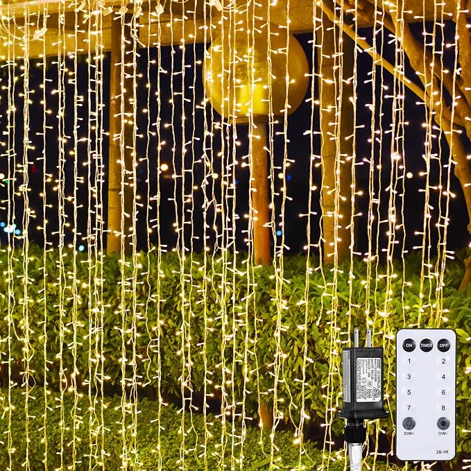 Aurelema 900 LED 30 x 9.5 Ft Christmas Curtain Lights 8 Modes Outdoor Fairy Lights with Remote Plug in Hanging String Fairy Light Waterproof for Bedroom Wall Window Backdrop Wedding Christmas Decor