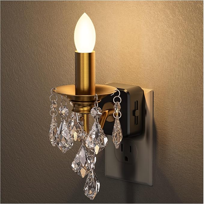 Briignite Chandelier Night Lights Plug into Wall, LED Warm Night Light with Dusk to Dawn Sensor, 0-100LM Dimmable, Decorative Gold Candle-Style Nightlight for Bedroom, Bathroom, Hallway, Stairway