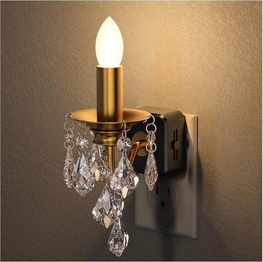 Briignite Chandelier Night Lights Plug into Wall, LED Warm Night Light with Dusk to Dawn Sensor, 0-100LM Dimmable, Decorative Gold Candle-Style Nightlight for Bedroom, Bathroom, Hallway, Stairway