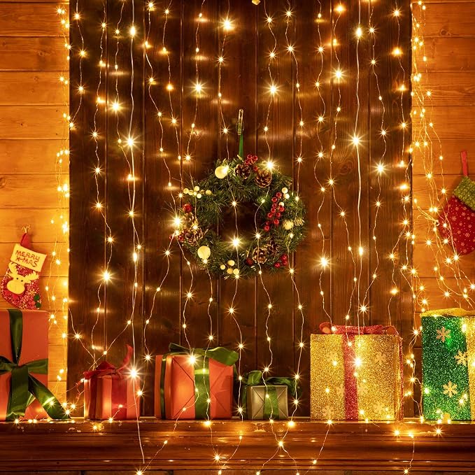 Tuanse 3 Pack 195 LED Curtain Tapestry Lights Backdrop String Lights, 6.5 x 5 Feet Hanging Fairy Curtain Light with 8 Lighting Modes and Remote for Bedroom Window Wall Indoor Outdoor Graduation Decor