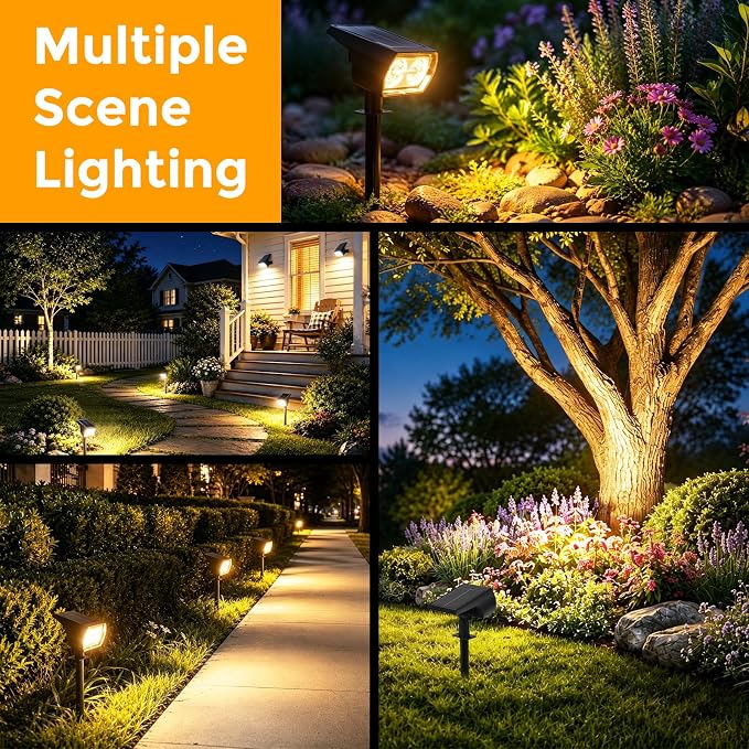 Solar Lights Outdoor Waterproof, 4 Pack 60 LED Solar Spot Lights Outdoor, Dusk to Dawn Light Sensor, 3 Lighting Modes, IP65 for Outside Pathway Yard Garden and Landscape (Warm White)