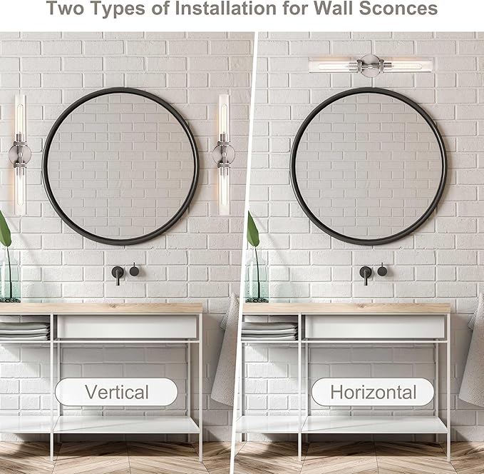 Vanity Lights for Bathroom,Knurled Texture 2-Light Brushed Nickel Wall Sconce,Clear Glass Vanity Mirror Lights,Modern Hardwired Chrome Bathroom Light Fixtures,Large Wall Lamps for Living Room,Bedroom