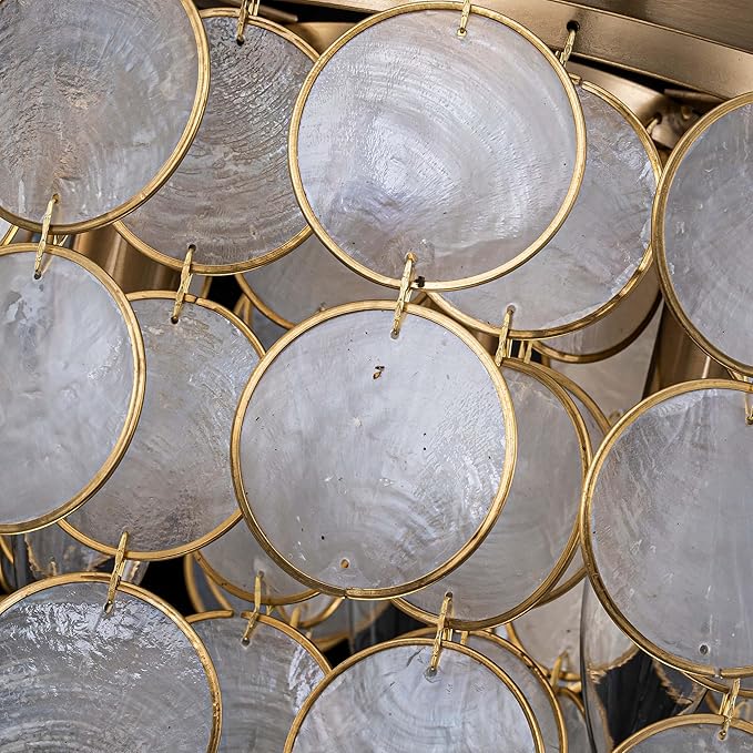 D11 inch Capiz Shell Ceiling Light, 3-Light Coastal Design Semi-Flushmount Light Fixture for Dining Room, Hallway, Bedroom, D11xH13 in, True Capiz Shell & Gold Finish Frame