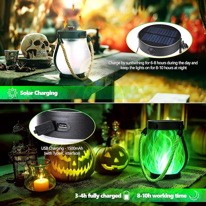 iBaycon 1 Pack Gen2 Solar Lantern Lights USB Halloween Flame Lamp, Green | Solar Garden Lights with Dual Charging USB & Solar, 2 Modes Outdoor Waterproof Hanging Lantern for Home Halloween Decor