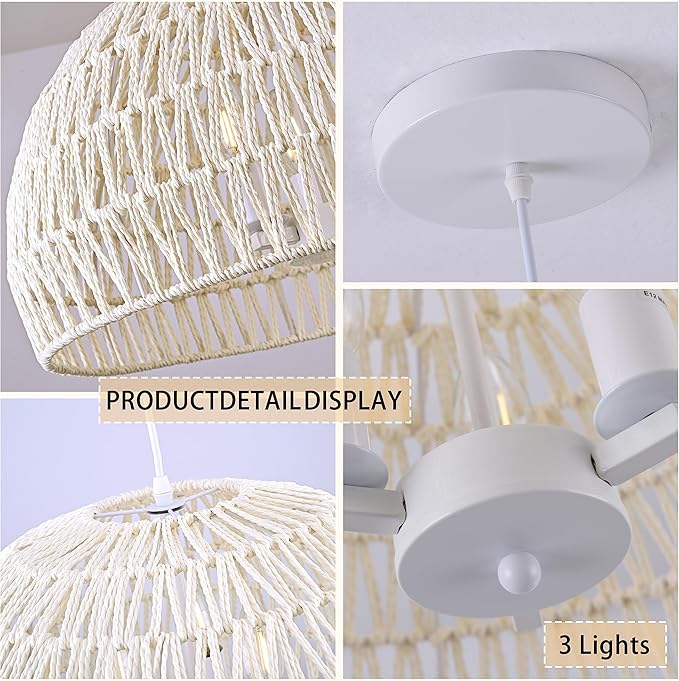 17.6 inch Cream Woven Pendant Light Wicker Pendant Lights 3-light Rattan Light Fixture Boho Chandelier Farmhouse Chandelier Dome Pendant Light for Dining Room Living Room Bedroom(Bulb Incl