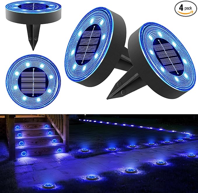 Joomer 2-in-1 Solar Lights Outdoor Waterproof, 4 Pack 8 LED, Blue | Solar Powered Garden Lights Ground Disc Landscape Lighting for Patio Pathway Lawn Yard Driveway Walkway Deck Step