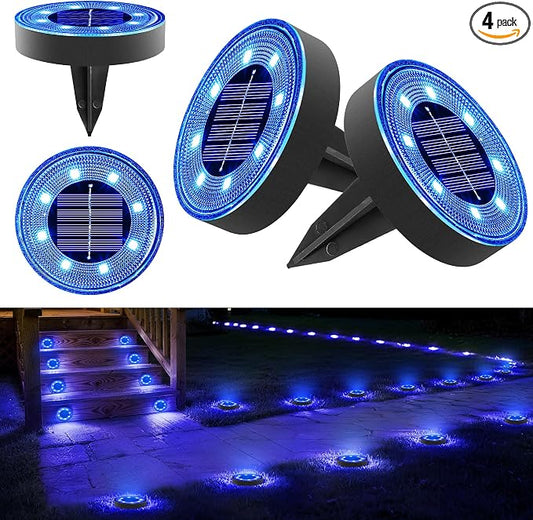 Joomer 2-in-1 Solar Lights Outdoor Waterproof, 4 Pack 8 LED, Blue | Solar Powered Garden Lights Ground Disc Landscape Lighting for Patio Pathway Lawn Yard Driveway Walkway Deck Step