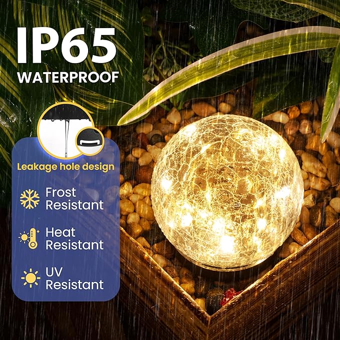Solar Lights Outdoor for Yard Patio Porch, Garden Decor Birthday Gifts for Mom Women, Solar Globe Lights Waterproof Cracked Glass Ball Outdoor Decorations Balcony Backyard (4 Pack Warm White)