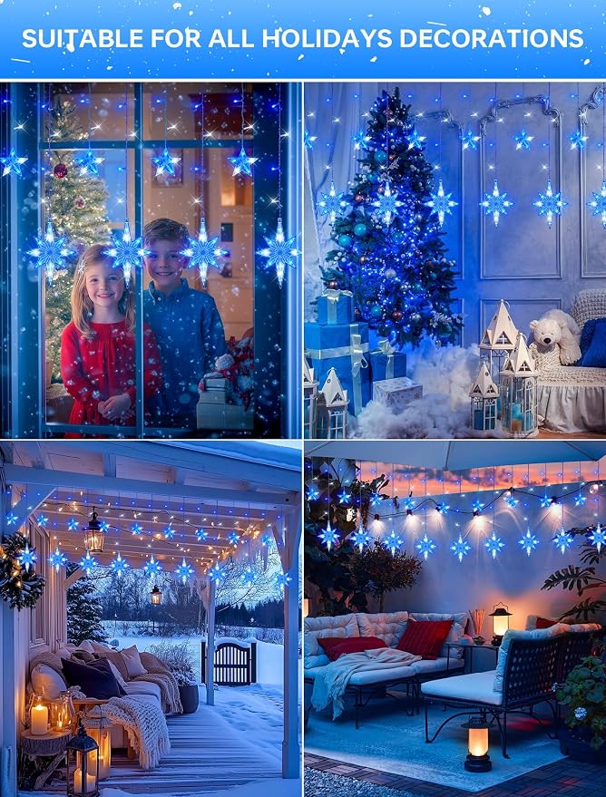 Star Icicle Lights Outdoor,126 Led 12 Star Hanging String Light with 8 Modes,Waterproof Connectable Fairy Star Window Lights for Bedroom,Wall,Wedding,Party,Brithday,Christmas Decor,Blue White