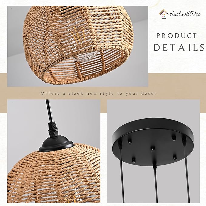 3-Light Mini Hemp Rope Woven Pendant Light Kitchen Island,3 Dome Hand Woven Boho Rattan Chandelier Farmhouse Wicker Ceiling Light,rustic Light Fixture For Living Room Hallway Dining Room(Bulb Incl.