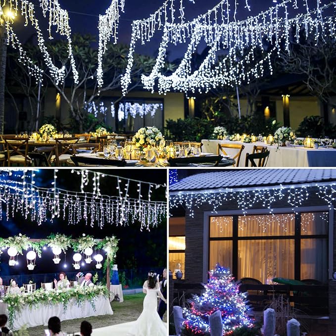 300 LED Solar Icicle Lights Outdoor with Remote Control, 33ft 8 Modes Curtain String Lights with 50 Drops, Christmas Holiday Wedding Party Decorations, White