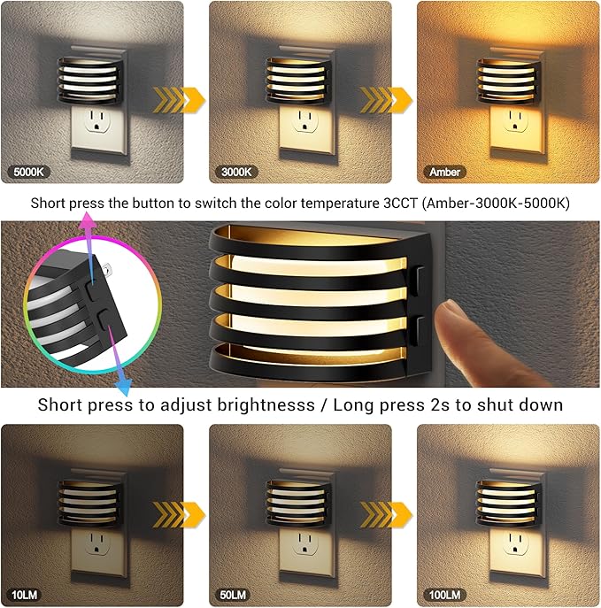 JandCase LED Night Lights Plug into Wall, [2 Pack] Night Light with 3 Colors 3000K-5000K-Amber, 3 Level Brightness Adjustable Plug in Night Light, Dusk to Dawn Nightligts for Adults Bedroom Bathroom