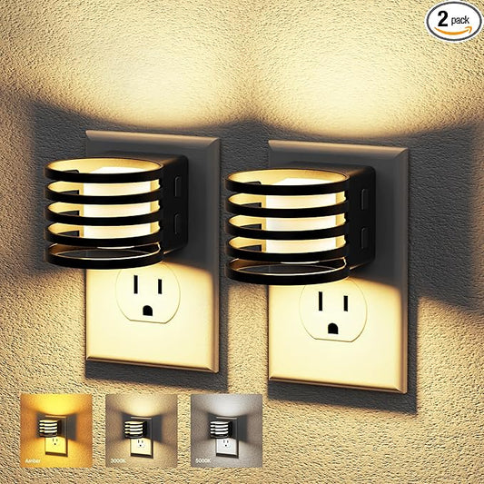 JandCase LED Night Light, Night Lights Plug into Wall with Dusk to Dawn Sensor, 3 Colors Amber/3000K/5000K & 5 Brightness Levels, Adjustable Brightness Nightlight for Bedroom Bathroom Hallway, 2 Pack