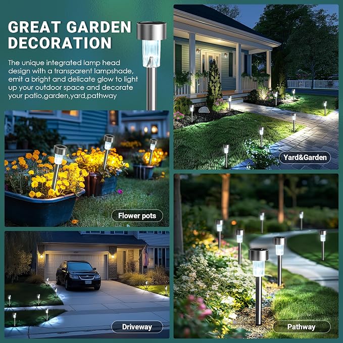 GIGALUMI Solar Lights Outdoor Waterproof, 12 Pack, Stainless Steel LED Solar Garden Lights for Patio, Lawn, Yard and Landscape, Cold White