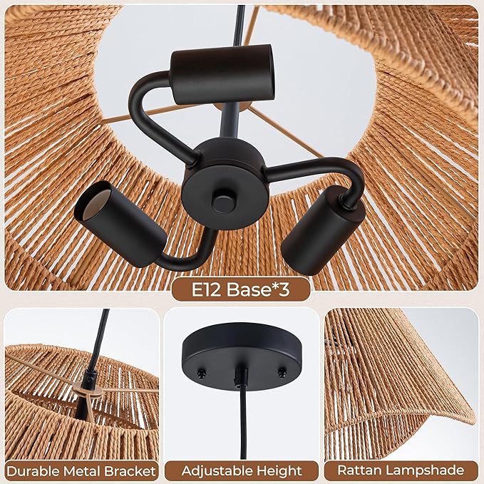 LumStory 19.7” Rattan Pendant Light Fixture Boho Farmhouse Woven Rattan Chandelier for Dining Room, 3-Light Large Bohemian Rustic Wicker Ceiling Hanging Lamp Over Table for Kitchen Island, Living Room