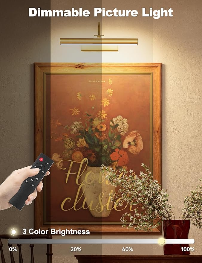 Bridika Picture Light for Wall with Remote, Rechargeable Battery Operated Picture Light, 3 Color Modes and Dimmable Classic Art Lights for Paintings, Gallery, Bedroom, Bathroom with Timer Gold 1