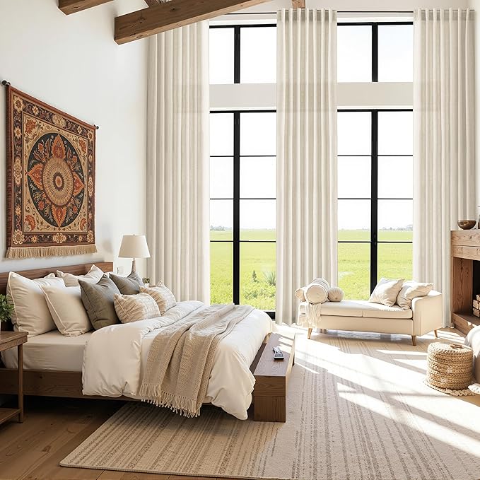 Birch Beige Linen 144 Inch Curtains for Living Room Light Filtering Semi Sheer Curtain Back Tab Modern Farmhouse Decor Elegant Coastal Drapes Floor to Ceiling High Window for Bedroom 52x144, 2 Panels