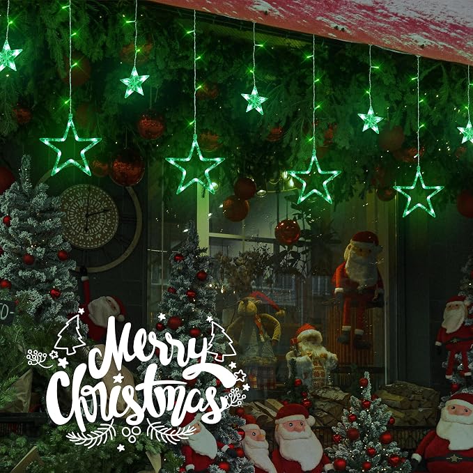 St Patricks Day Lights, 126 LED 8.2 FT Green Star Icicle Lights with 8 Modes Waterproof, Plug in Clear Wire Timer Curtain Lights for St Patrick Decorations Indoor Window Outdoor Party Decor