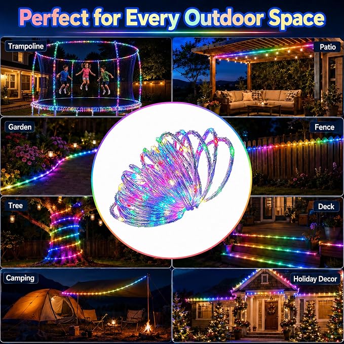 LairtPOW Solar Rope Lights Outdoor, 39FT 100 LED Solar Trampoline Lights with 8 Modes, IP67 Waterproof Color Changing LED Rope Lights for Trampoline Backyard Patio Tree Christmas Decor, Multicolor