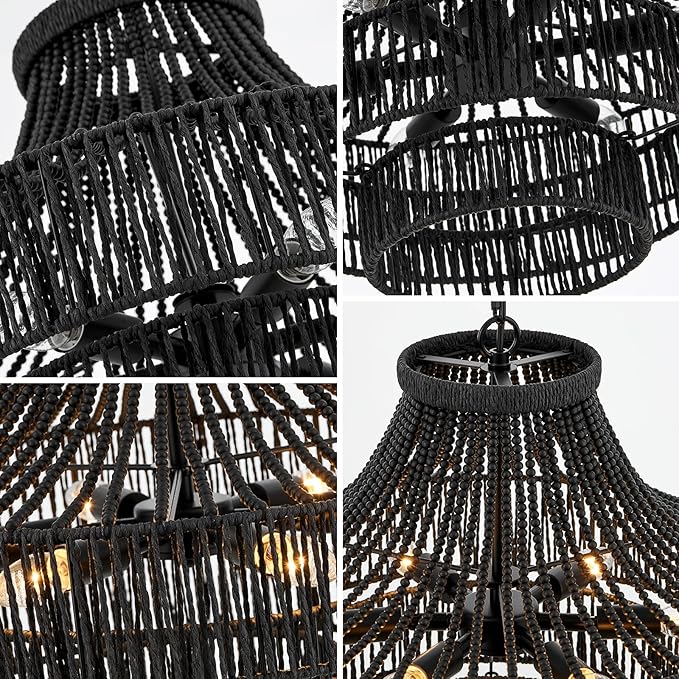 20" Black Wood Beaded Rattan Chandelier Boho Hand Woven Pendant Light for Dining Living Room Kitchen Bedroom, UL Listed