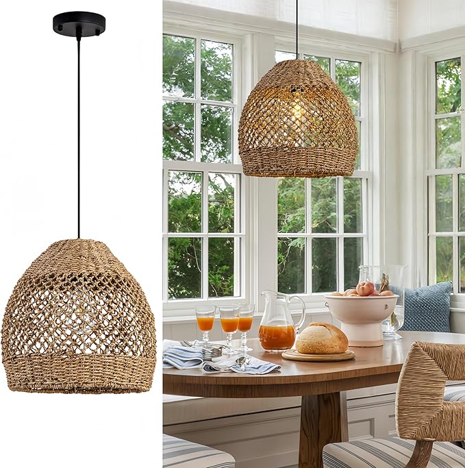 Boho Rattan Pendant Lights 13.8IN Farmhouse Dining Room Light Fixtures Hand-Woven Seagrass Chandelier Coastal Wicker Hanging Lighting for Kitchen Island Entry Living Room Bedroom Foyer Restaurant