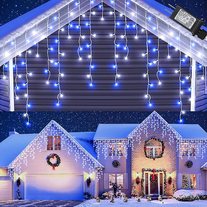 Toodour White & Blue Christmas Icicle Lights, 29.5ft 360 LED Icicle Lights, 8 Modes, 60 Drops, Window Curtain Led Christmas Light, Icicle Twinkle Light for Eaves, Party, Wedding, Xmas Decorations