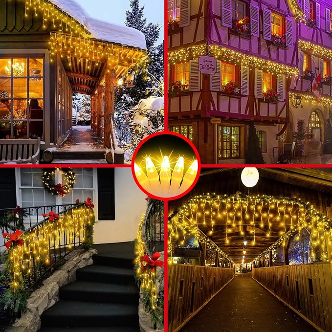 504LED 50ft Christmas Lights, 112Drops 12 Modes Warm White Christmas String Lights Outdoor Dimmable, Waterproof Christmas Decoration Fairy Lights with Timer for Indoor Eaves Party Patio Window Fence