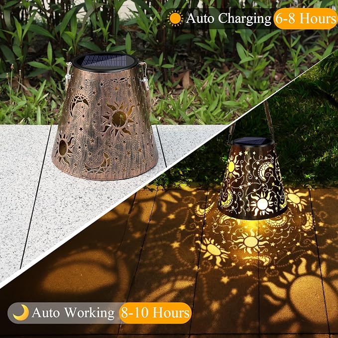 Toodour Solar Lantern Outdoor, Hanging Solar Outdoor Lights Garden Decor, Waterproof Hollow Out Retro Metal Sun & Moon Decorative Lights for Patio, Balcony, Yard, Walkway, Outdoor Decor