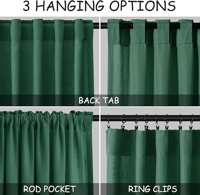 Nanspring Dark Green Linen Curtains 96 Inches Long 2 Panels Set for Living Room Rod Pocket Back Tab Semi Sheer Light Filtering Protect Privacy Emerald Green Curtain for Bedroom Floor Length 52x96
