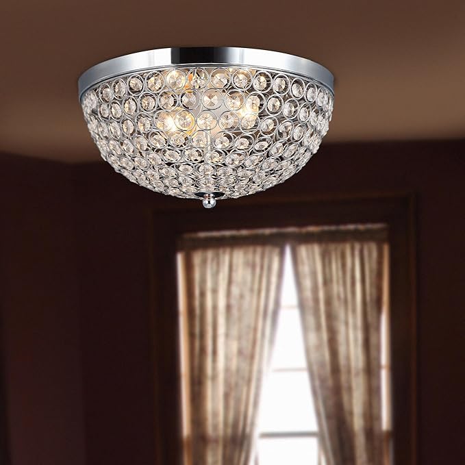 Elegant Designs FM1000-CHR Elipse Crystal 13 Inch Modern Metal 2 Light Bowl Shaped Ceiling Flush Mount Fixture, Chrome