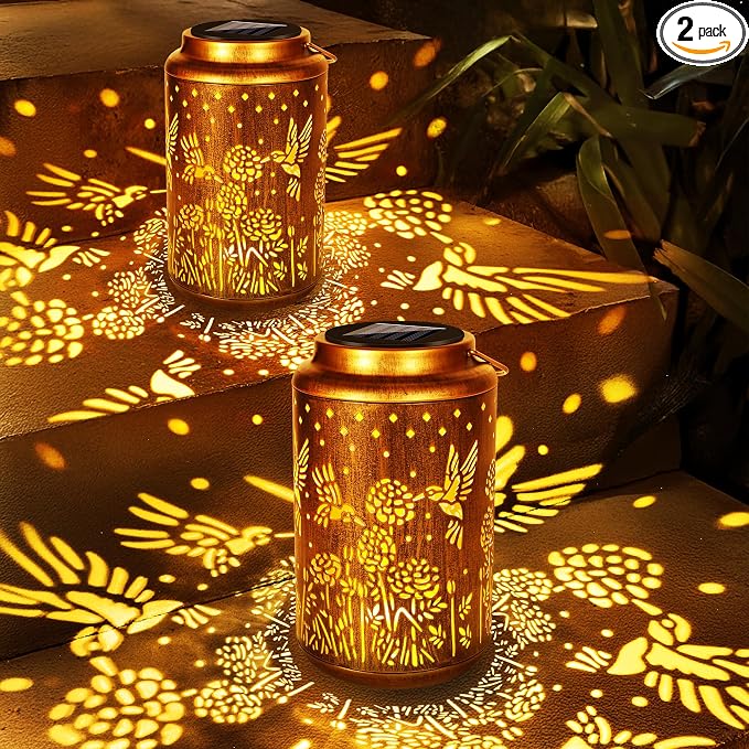 ODEETRONIC 2Pack Hummingbird Solar Lanterns - LED Solar Lantern Lights Outdoor Waterproof, Garden Lantern Lights Birthday Gift for Women, Metal Hummingbird Hanging Lanterns for Garden Yard Patio Decor