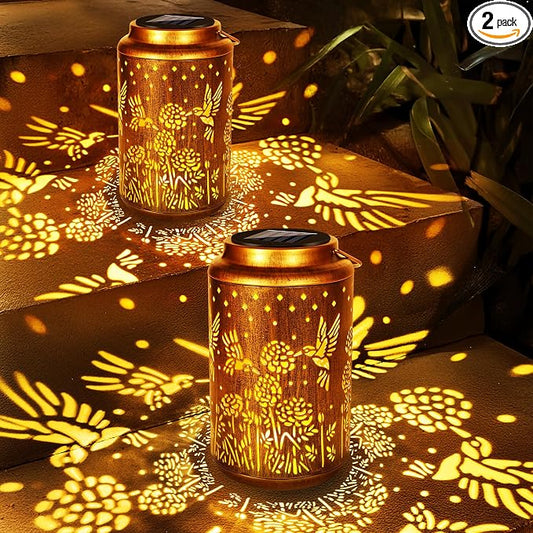 ODEETRONIC 2Pack Hummingbird Solar Lanterns - LED Solar Lantern Lights Outdoor Waterproof, Garden Lantern Lights Birthday Gift for Women, Metal Hummingbird Hanging Lanterns for Garden Yard Patio Decor
