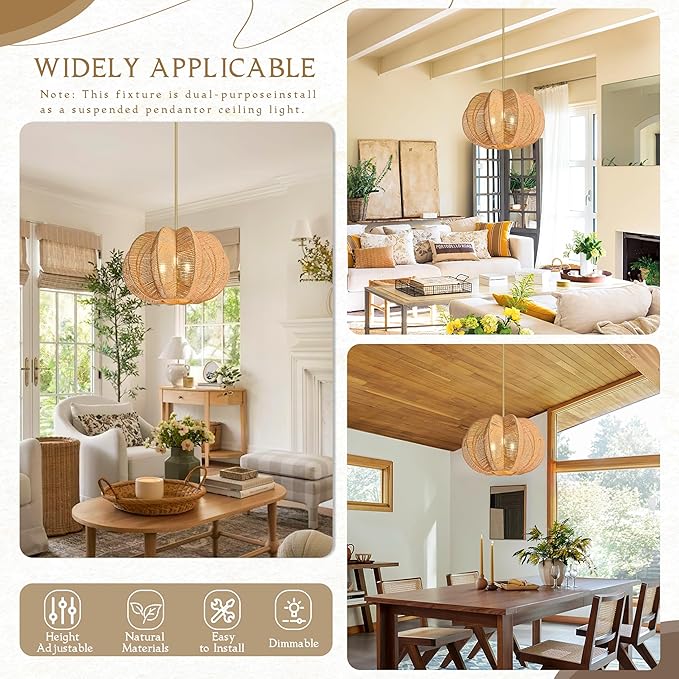 17.7 Inch Rattan Pendant Light Hemp Rope Rattan Light Fixture Woven Pendant Wicker Chandelier 3-Light Boho Chandelier for Bedroom
