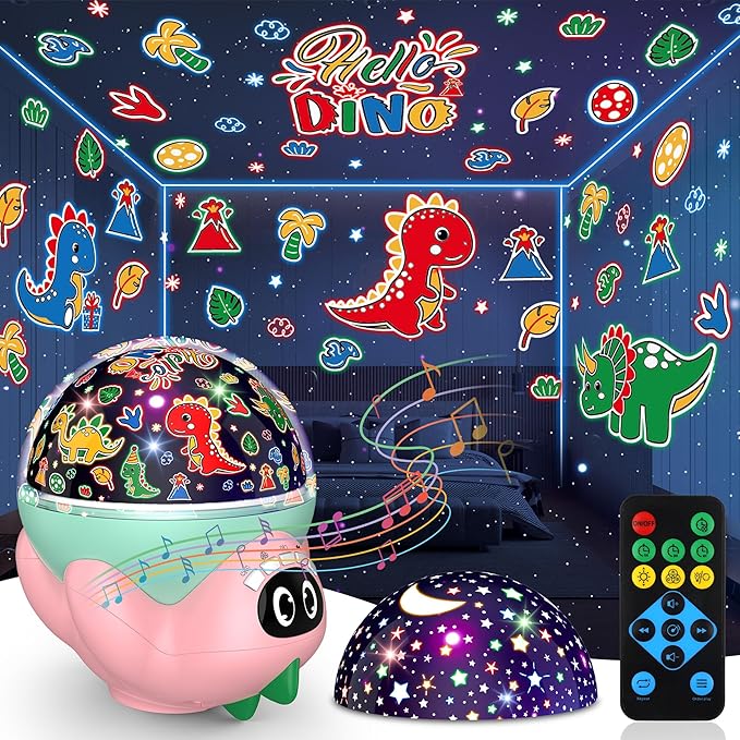 MOKOQI Dinosaur Night Light Projector for Kids Room, Boy Girl Dino Lamp with 10 Soothing Music& Timer, Remote Control, Colorful Projection Effect, High Brightness, Birthday Gifts for Infant Baby