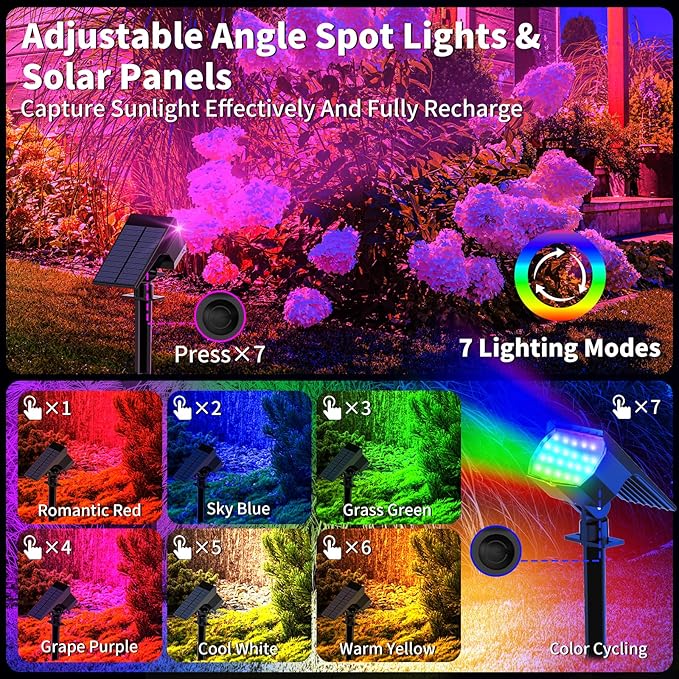 WENATY Solar Spot Lights Outdoor Color Changing, [7 Mode/6 Pack] Christmas Landscape Spotlights, Solar Lights Outdoor Waterproof, Solar Led Powered Flood Light for Outside Pathway Yard Garden Walkway
