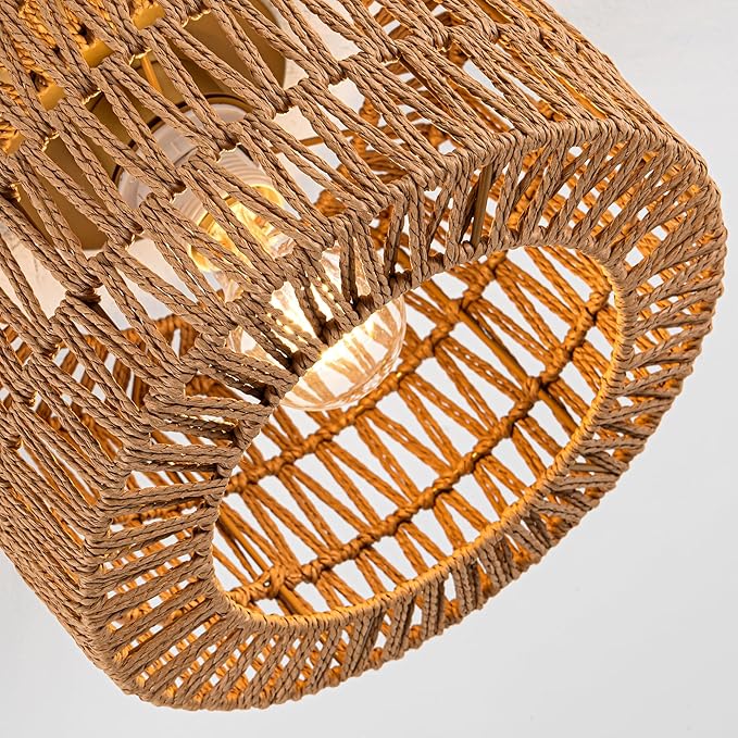 Rattan Ceiling Light, 1 Light Bohemian Modern Woven Flush Mount Ceiling Light, Boho Light Fixture for Bedroom Living Room Dining Room, Gold Finish