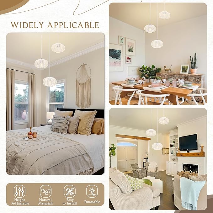 12" Boho White 3-Light Boho Chandeliers for Kitchen Island Hand-Woven Boho Rattan Chandeliers Dimmable Adjustable Hanging Wicker Chandelier for Dining Room Living Room （Bulb Incl.）