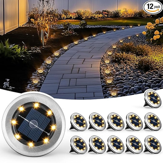 PATIOWIN Mini Solar Ground Lights, 12 Pack Solar Garden Lights, Solar Powered Pathway Lights Warterproof, Outdoor Lights for Driveway, Walkway, Backyard, Patio (Warm White)